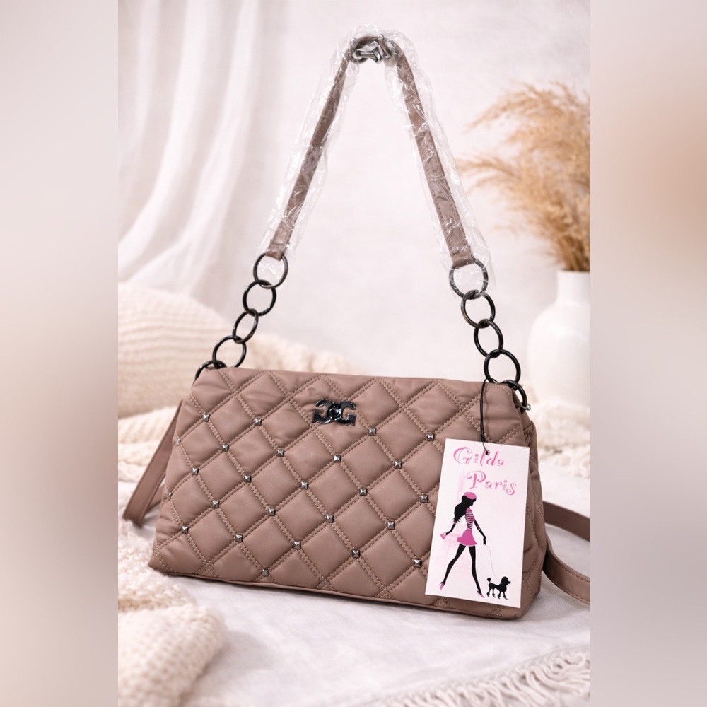 Gilda Paris Quilted Studded Shoulder Bag Taupe Chain Strap NWT ($purse only)